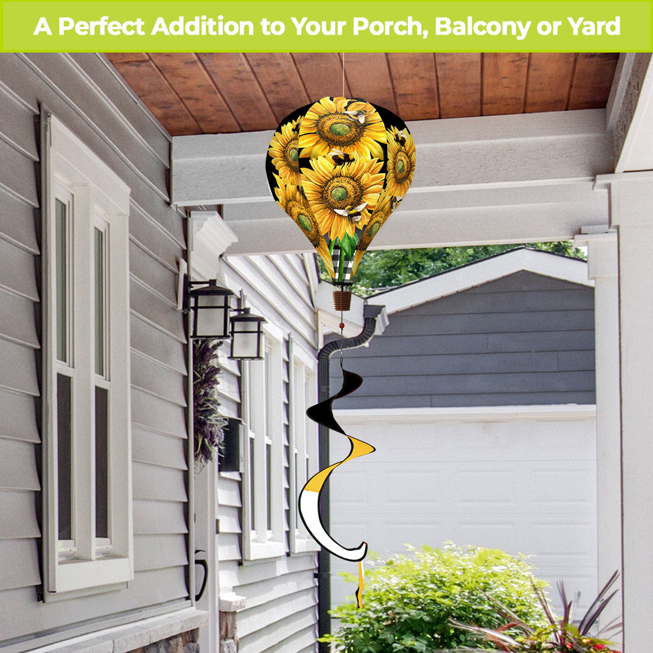 Hot air balloon spinner with blooming sunflowers and buzzing bees, crafted from weather-resistant polyester for vibrant, breezy outdoor seasonal décor.