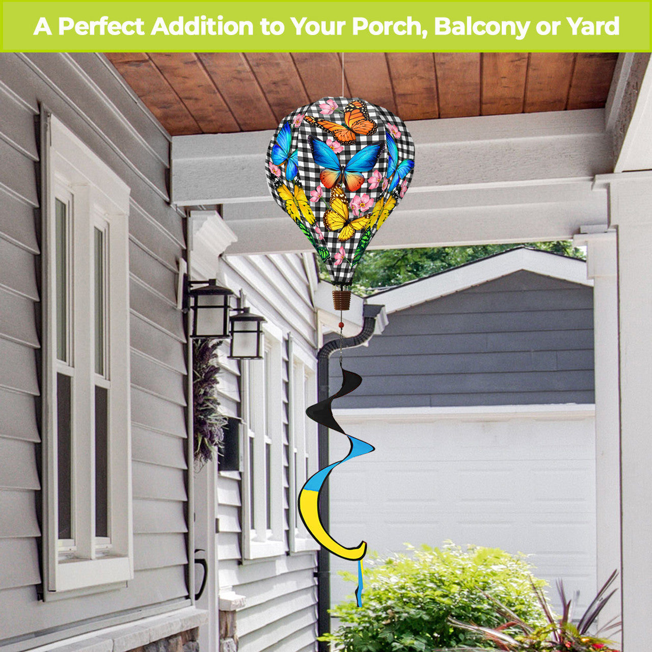 Hot air balloon spinner with checkered background and colorful butterflies, made of weather-resistant polyester for fun, breezy outdoor spring or summer décor.