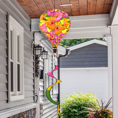 Hot air balloon spinner with white daisies and soft pastels, crafted from weather-resistant polyester for fresh, breezy spring and summer garden décor.