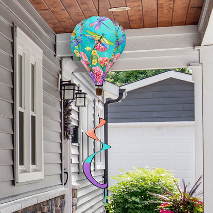 Hot air balloon spinner with dragonflies and blooming flowers, crafted from weather-resistant polyester for elegant spring and summer garden décor in motion.