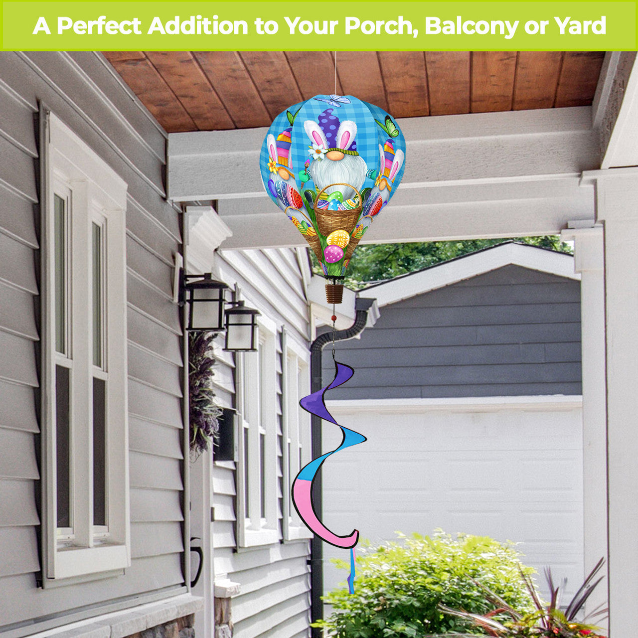 Hot air balloon spinner with whimsical Easter gnomes, colorful eggs, and spring design in weather-resistant polyester for festive outdoor seasonal décor.