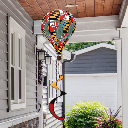 Hot air balloon spinner with bright red Maryland crabs and beachy tones, made of weather-resistant polyester for vibrant, breezy coastal summer décor.