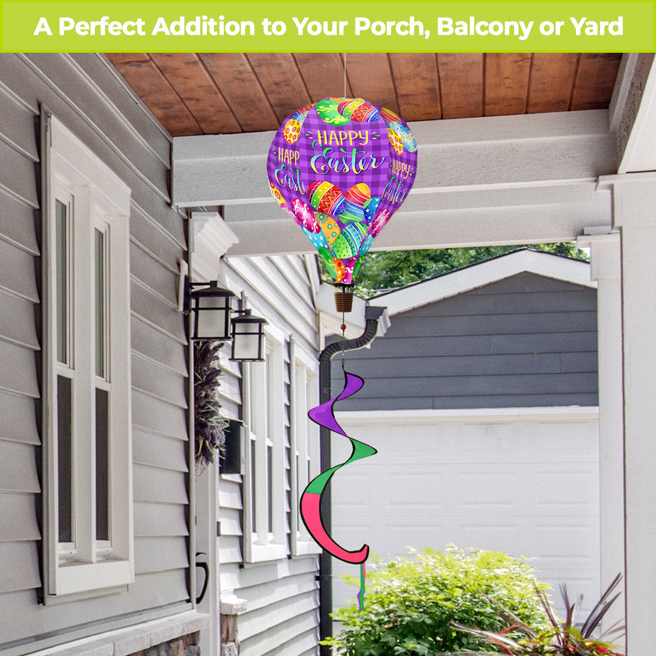 Hot air balloon spinner with pastel Easter eggs, weather-resistant polyester, and breezy motion for festive spring and Easter outdoor garden décor.