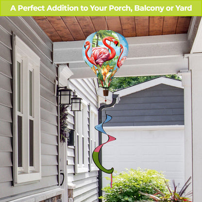 Tropical hot air balloon spinner with pink flamingos, vibrant coastal design, and breezy tail for playful and elegant outdoor summer decoration.