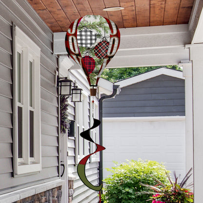 Hot air balloon spinner with festive patterned ornaments, crafted from weather-resistant polyester for elegant, breezy holiday garden or porch decoration.