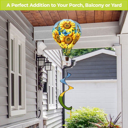 Sunflower hot air balloon spinner with bright yellow blooms, durable polyester, and smooth motion for radiant, garden-inspired outdoor decoration.