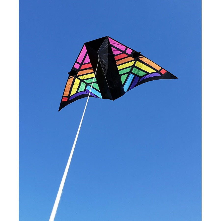 Stained glass style tunnel delta kite with 187 in. wingspan and carbon tube frame, built to lift line decor in light wind with high color visibility.