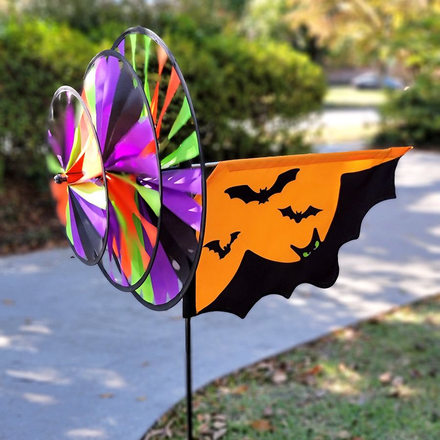 Halloween Bats spinner with stitched applique design and three layered wheels—durable outdoor decoration for festive motion and holiday charm.