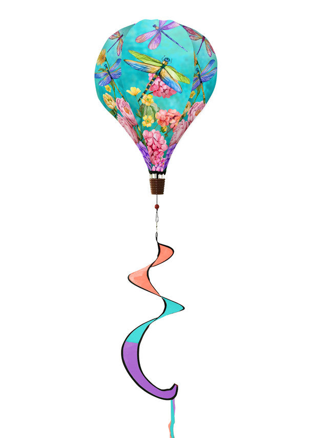 Hot air balloon spinner with dragonflies and blooming flowers, crafted from weather-resistant polyester for elegant spring and summer garden décor in motion.