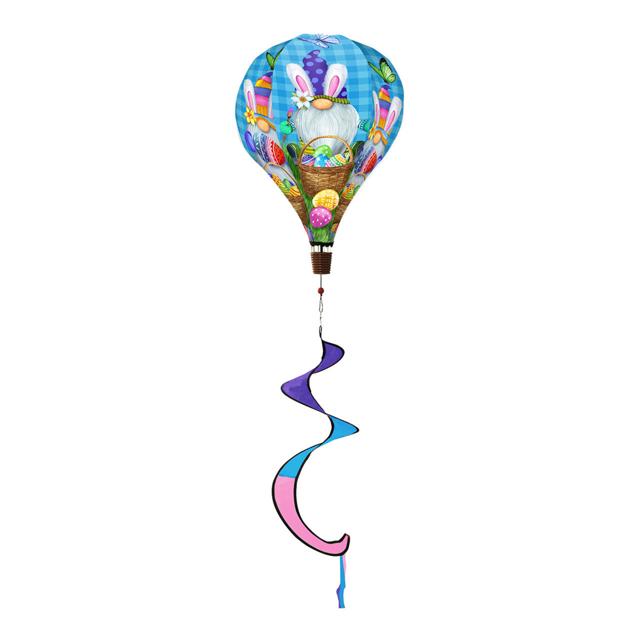 Hot air balloon spinner with whimsical Easter gnomes, colorful eggs, and spring design in weather-resistant polyester for festive outdoor seasonal décor.