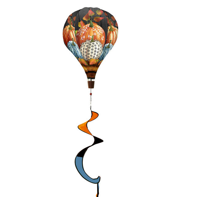 Hot air balloon spinner with soft-toned pumpkins and subtle autumn accents, made of weather-resistant polyester for elegant fall garden or porch decoration.