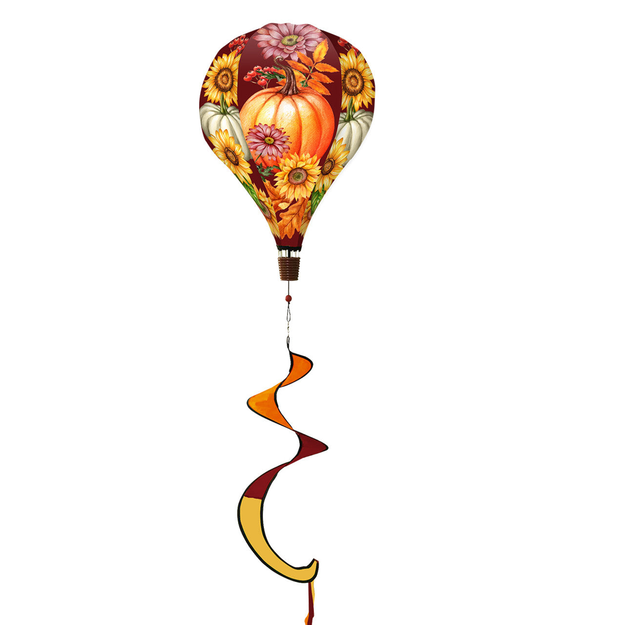Hot air balloon spinner with colorful fall leaves and rich autumn hues, made of weather-resistant polyester for elegant seasonal outdoor garden décor.