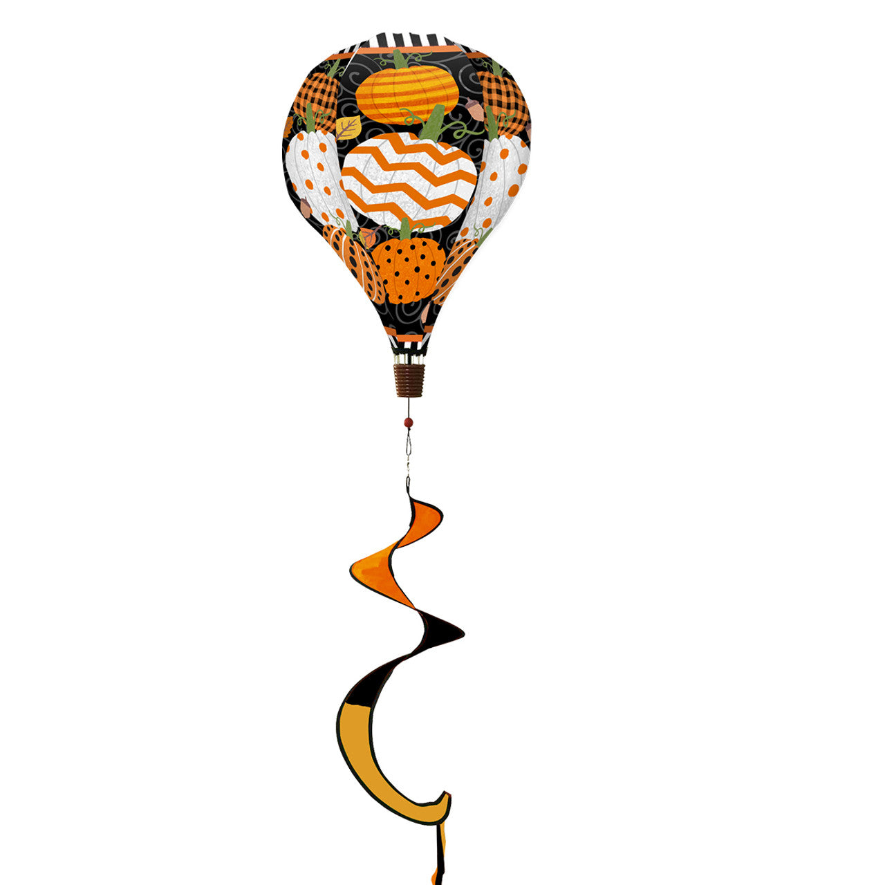 Hot air balloon spinner with pumpkins, autumn leaves, and vibrant fall colors, made of weather-resistant polyester for festive outdoor harvest-themed décor.