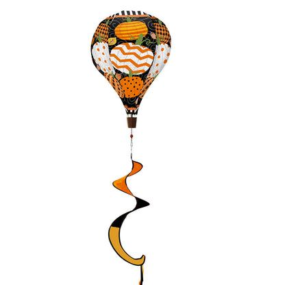 Hot air balloon spinner with pumpkins, autumn leaves, and vibrant fall colors, made of weather-resistant polyester for festive outdoor harvest-themed décor.
