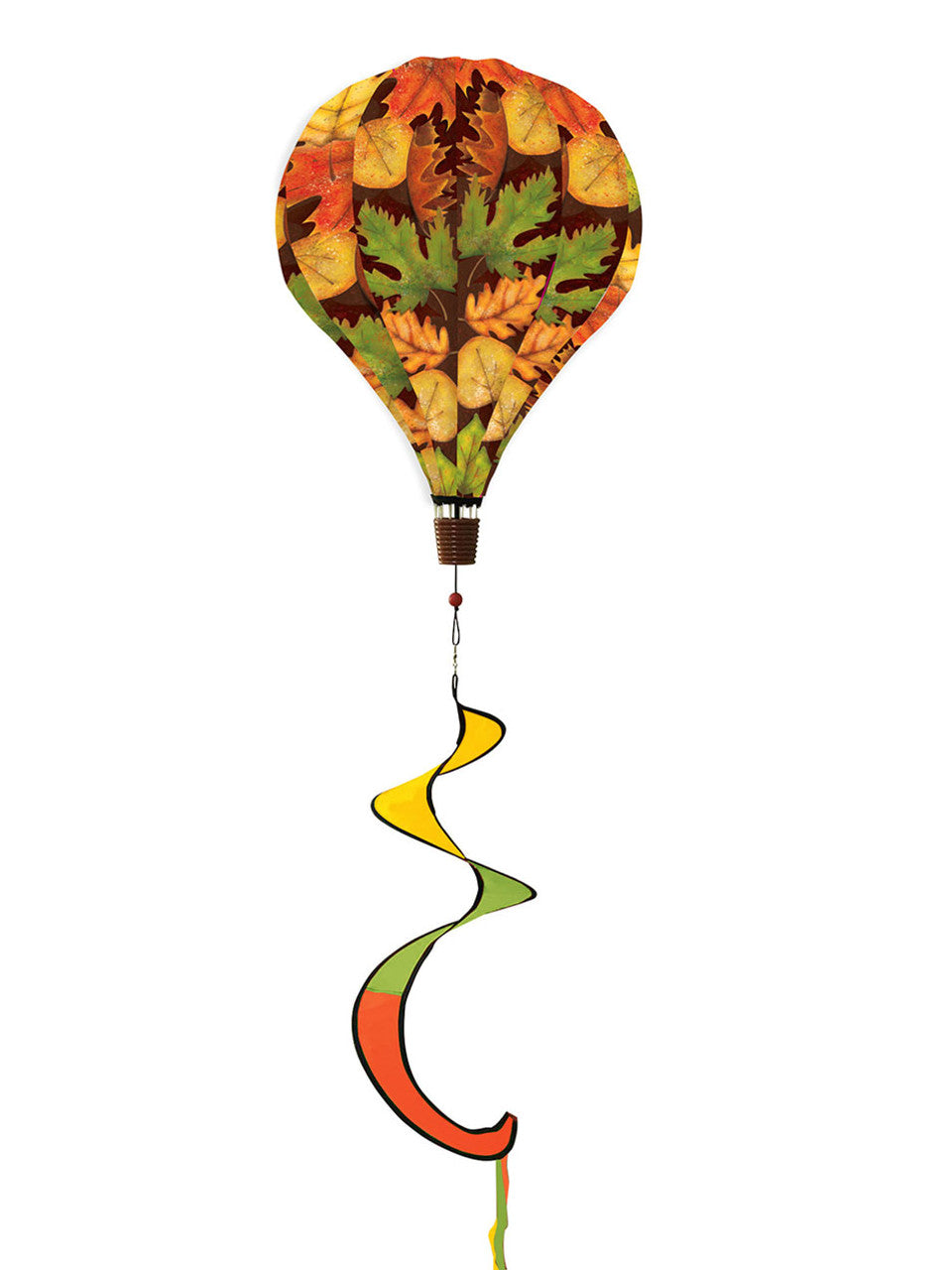 Hot air balloon spinner with colorful autumn leaves design, made of weather-resistant polyester for breezy, festive fall garden or porch décor.