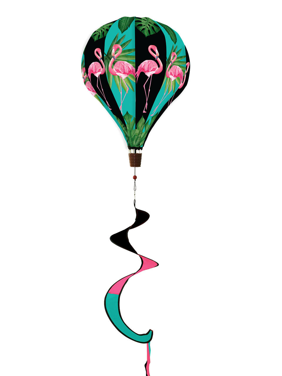 Hot air balloon spinner with pink flamingos and tropical greenery, made of weather-resistant polyester for colorful, breezy outdoor summer garden décor.