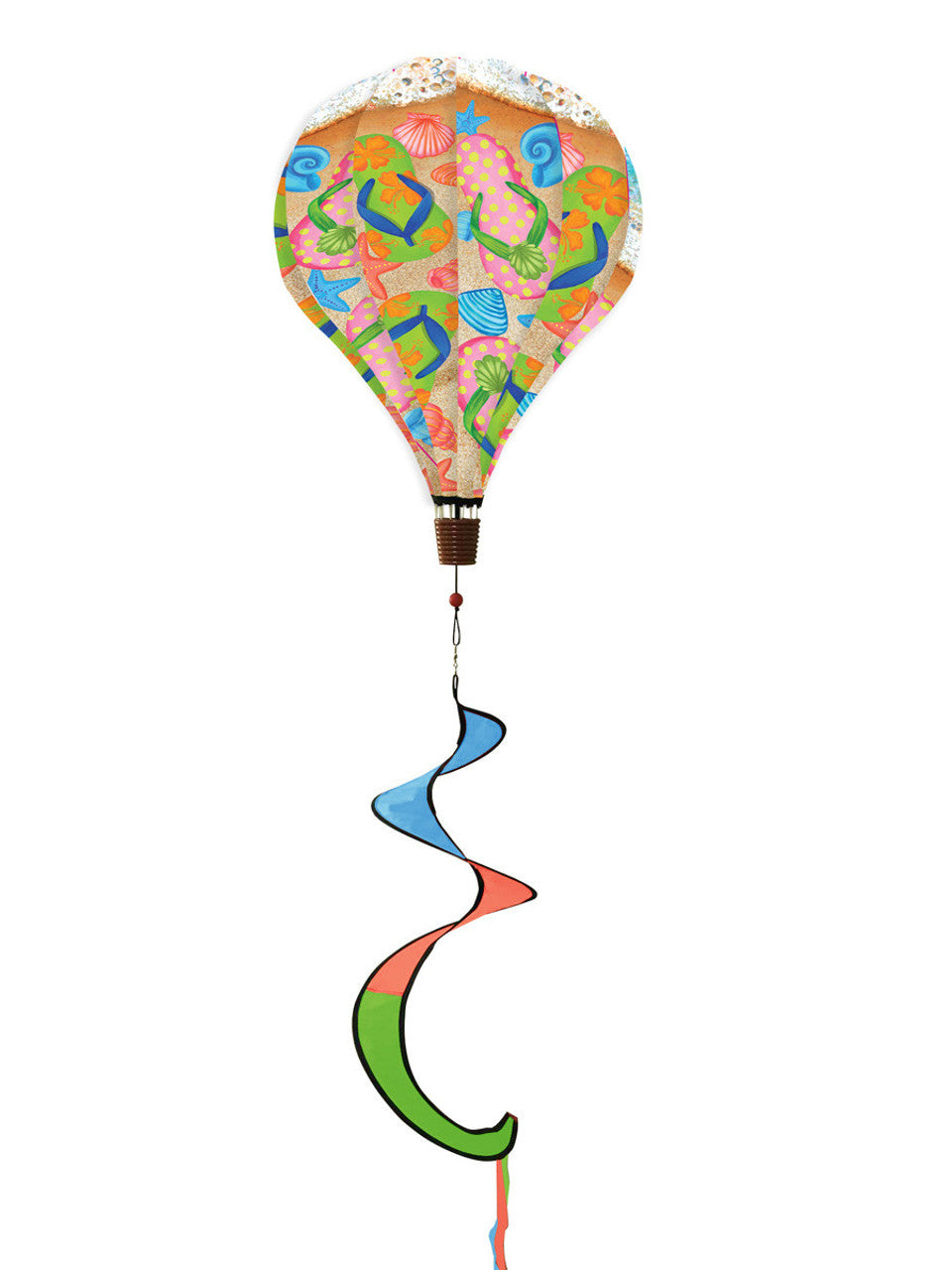 Summer hot air balloon spinner with colorful flip flops, breezy motion, and weather-resistant polyester for fun, tropical garden or patio decoration.