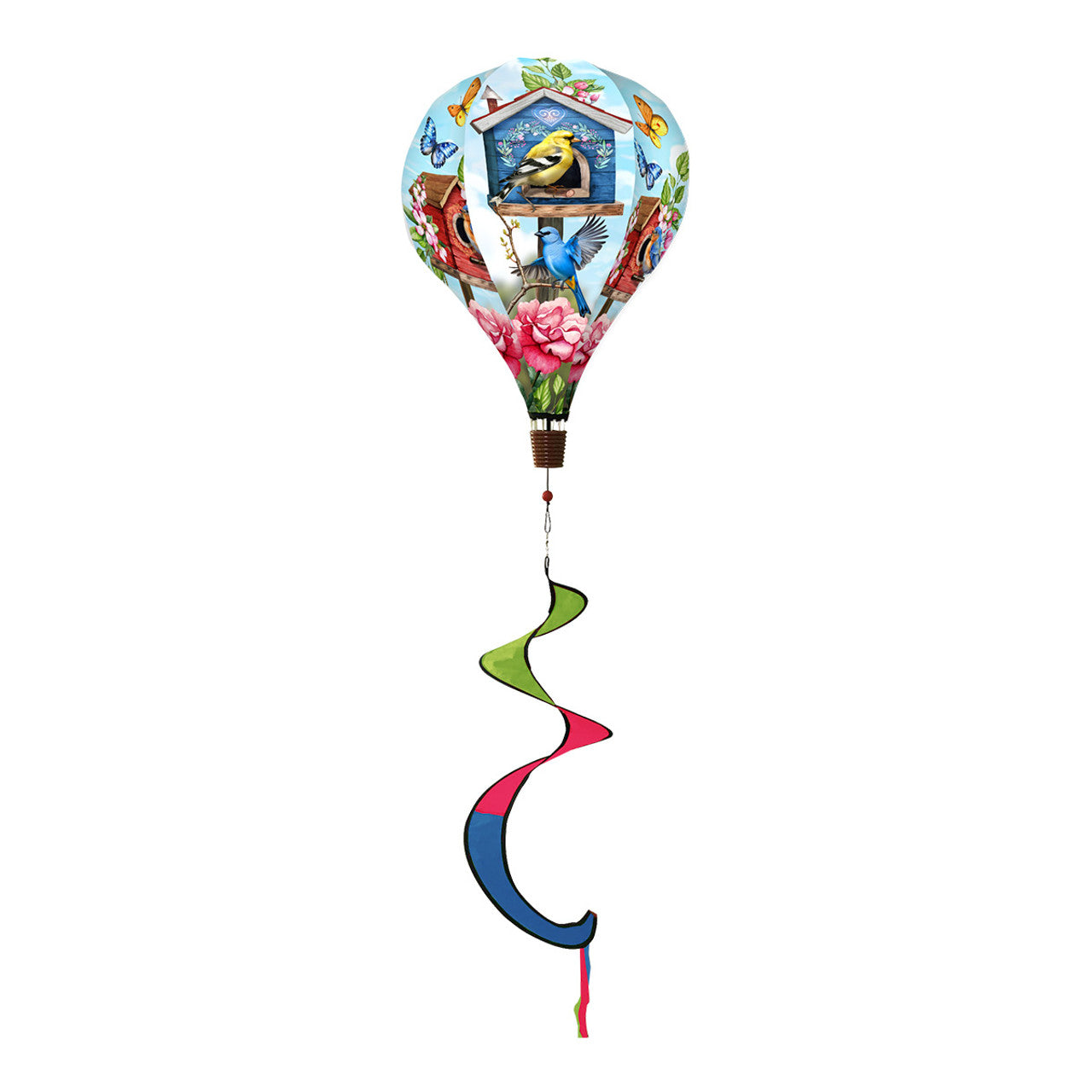 Hot air balloon spinner with blooming flowers, songbirds, and a birdhouse design, made of weather-resistant polyester for cheerful garden or patio décor.