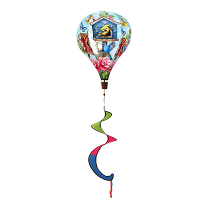 Hot air balloon spinner with blooming flowers, songbirds, and a birdhouse design, made of weather-resistant polyester for cheerful garden or patio décor.