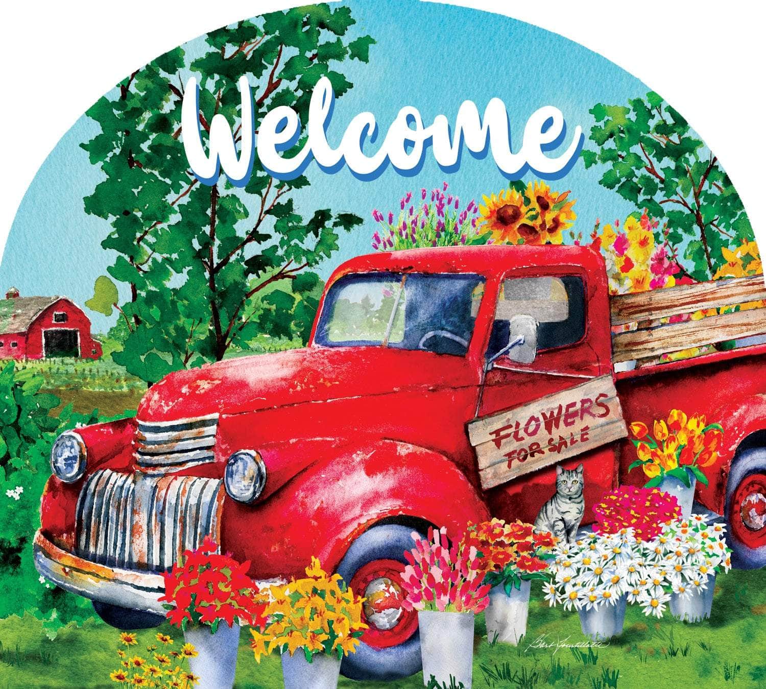 Flower Truck Arbor Mate panel featuring a vintage truck filled with colorful flowers, crafted from durable PVC to bring charm and vibrancy to your garden or outdoor space.