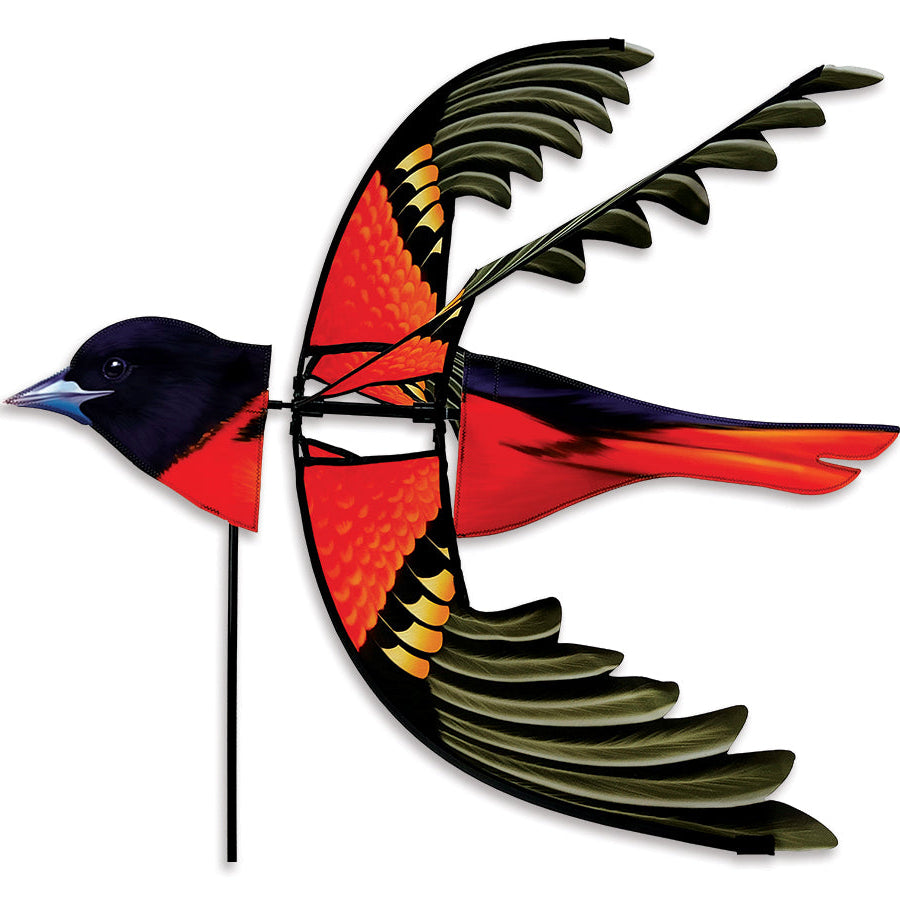 Realistic northern oriole spinner with 36-inch wings, striking orange-and-black color, and smooth spinning motion for vibrant outdoor garden decor.