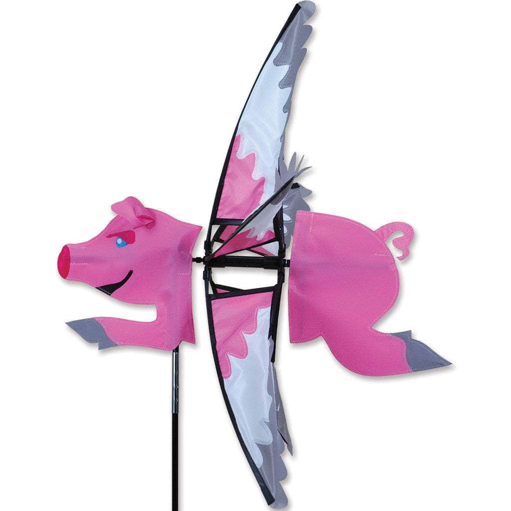 Flying pig spinner with layered pink fabric and 27-inch spinning wings—perfect for fun, imaginative movement in gardens or yards.