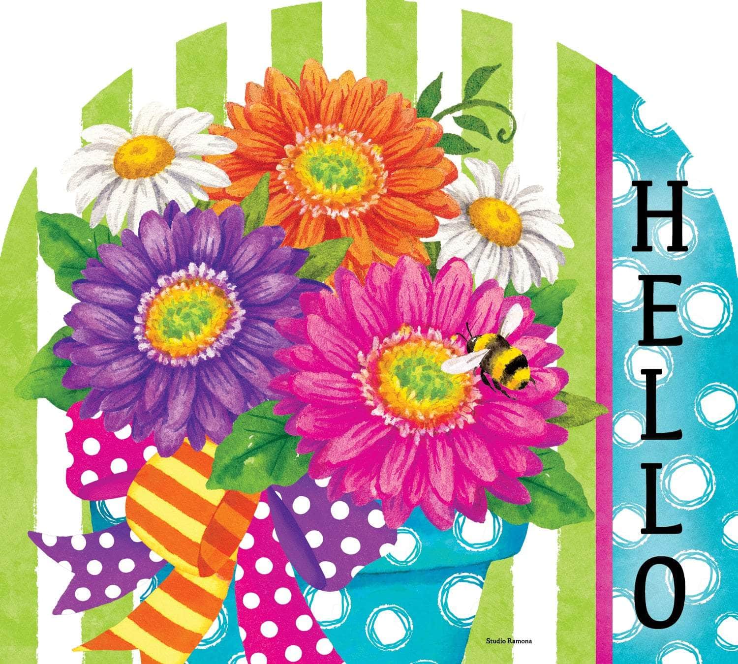 Gerbera Stripes Arbor Mate panel featuring vibrant gerbera daisies with striped accents, crafted from durable PVC to bring bold, cheerful beauty to your garden or outdoor space.