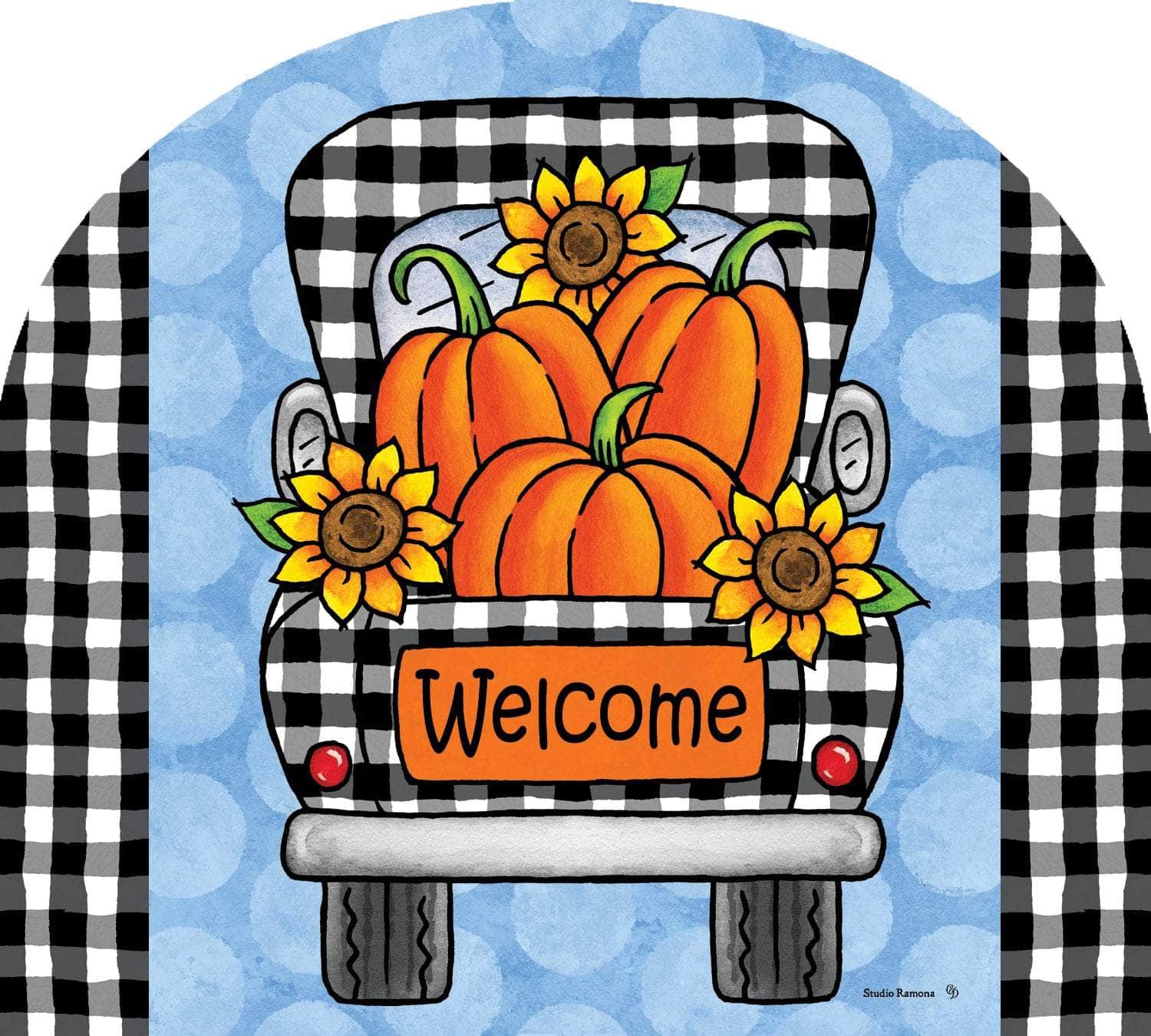 Gingham Truck Arbor Mate panel featuring a vintage truck with gingham accents, crafted from durable PVC to bring rustic charm and festive style to your garden or outdoor space.