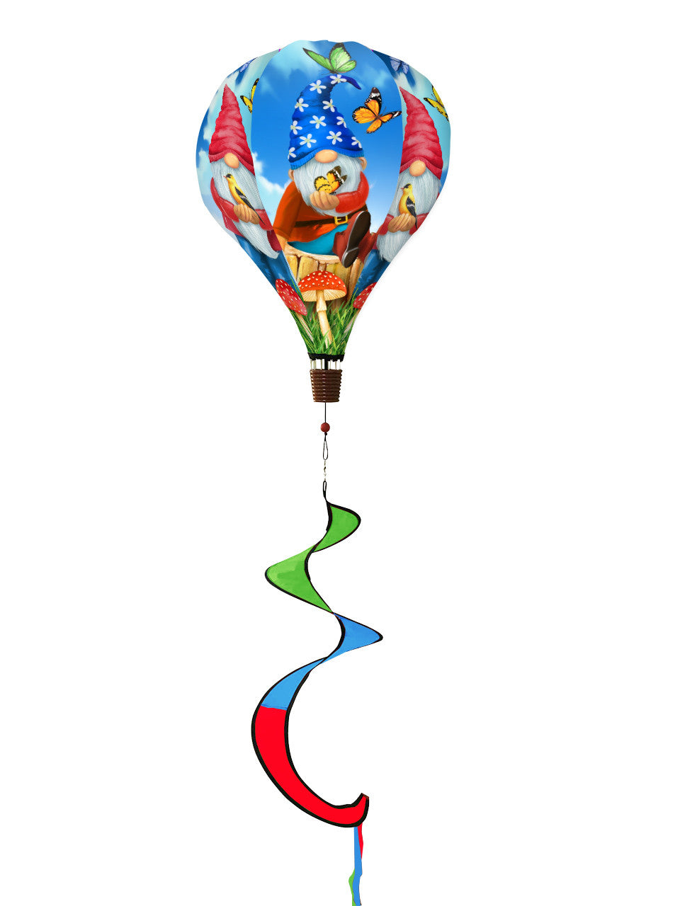 Hot air balloon spinner with garden gnome, vibrant florals, and weather-resistant polyester for fun, breezy outdoor seasonal or year-round decoration.