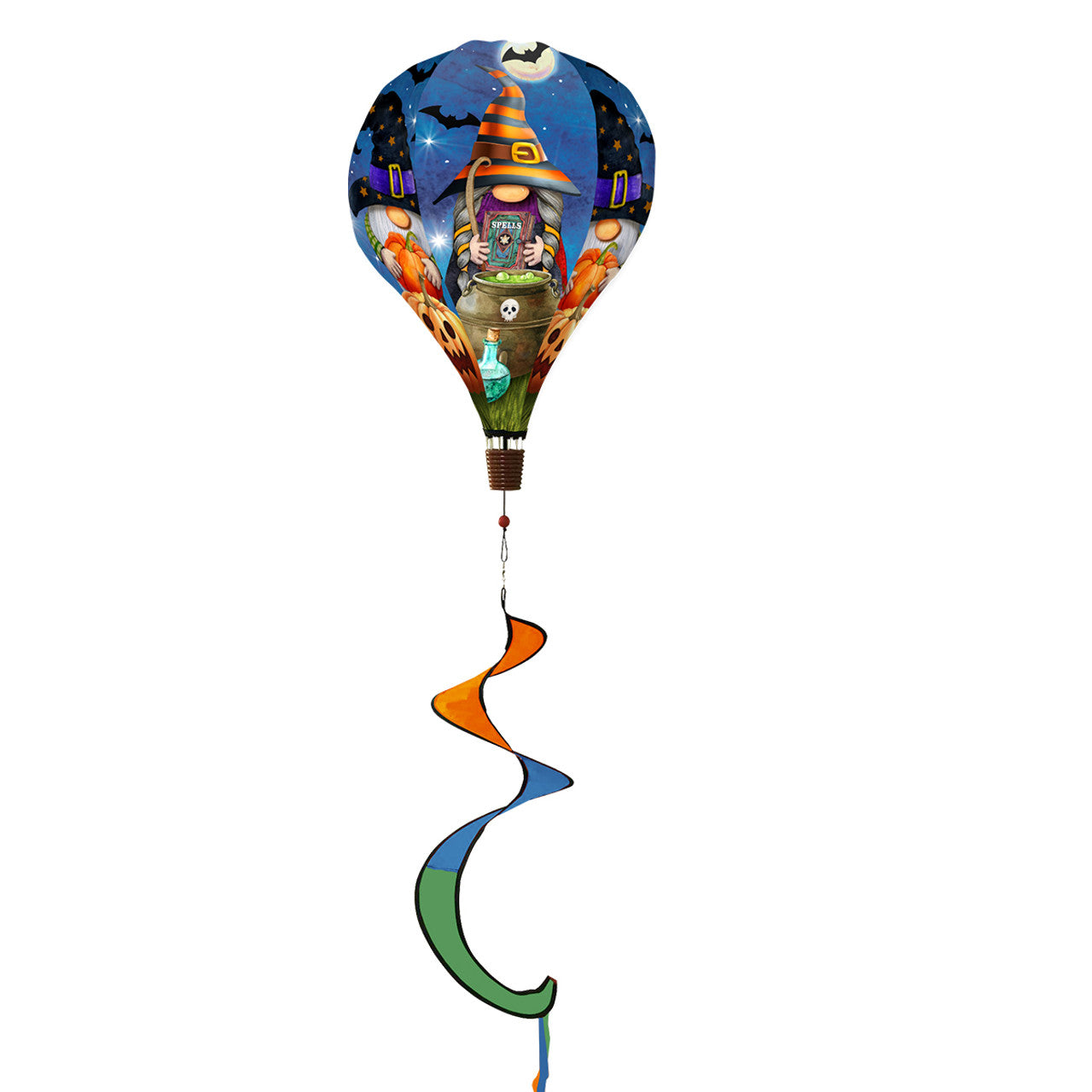 Hot air balloon spinner with Halloween gnomes, jack-o'-lanterns, and spooky fall design, made of weather-resistant polyester for vibrant outdoor seasonal décor.