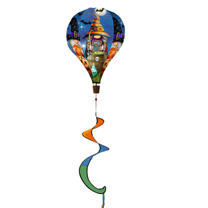 Hot air balloon spinner with Halloween gnomes, jack-o'-lanterns, and spooky fall design, made of weather-resistant polyester for vibrant outdoor seasonal décor.