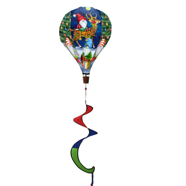 Hot air balloon spinner with festive gnomes, holiday accents, and weather-resistant polyester for colorful, joyful Christmas outdoor garden décor.