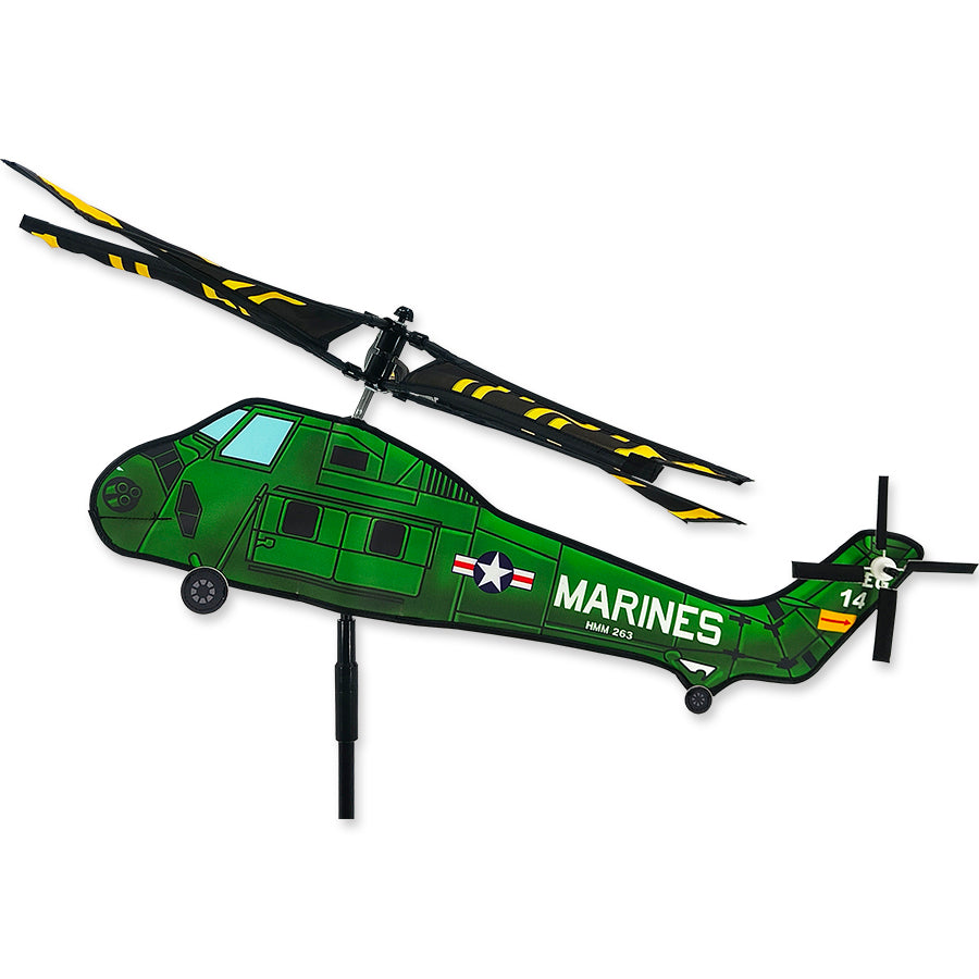 UH-34 Marine helicopter spinner with 28 in. rotor, military green body, durable build, and smooth motion. Perfect for aviation-themed garden décor.