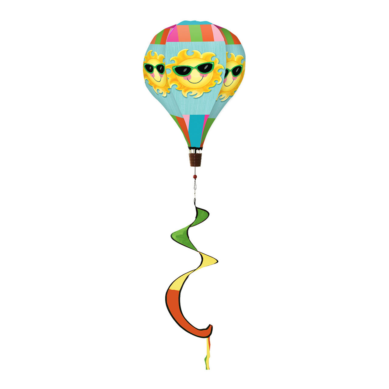 Hot air balloon spinner with smiling sun design and bright summer hues, made from weather-resistant polyester for playful outdoor seasonal garden décor.