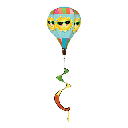 Hot air balloon spinner with smiling sun design and bright summer hues, made from weather-resistant polyester for playful outdoor seasonal garden décor.