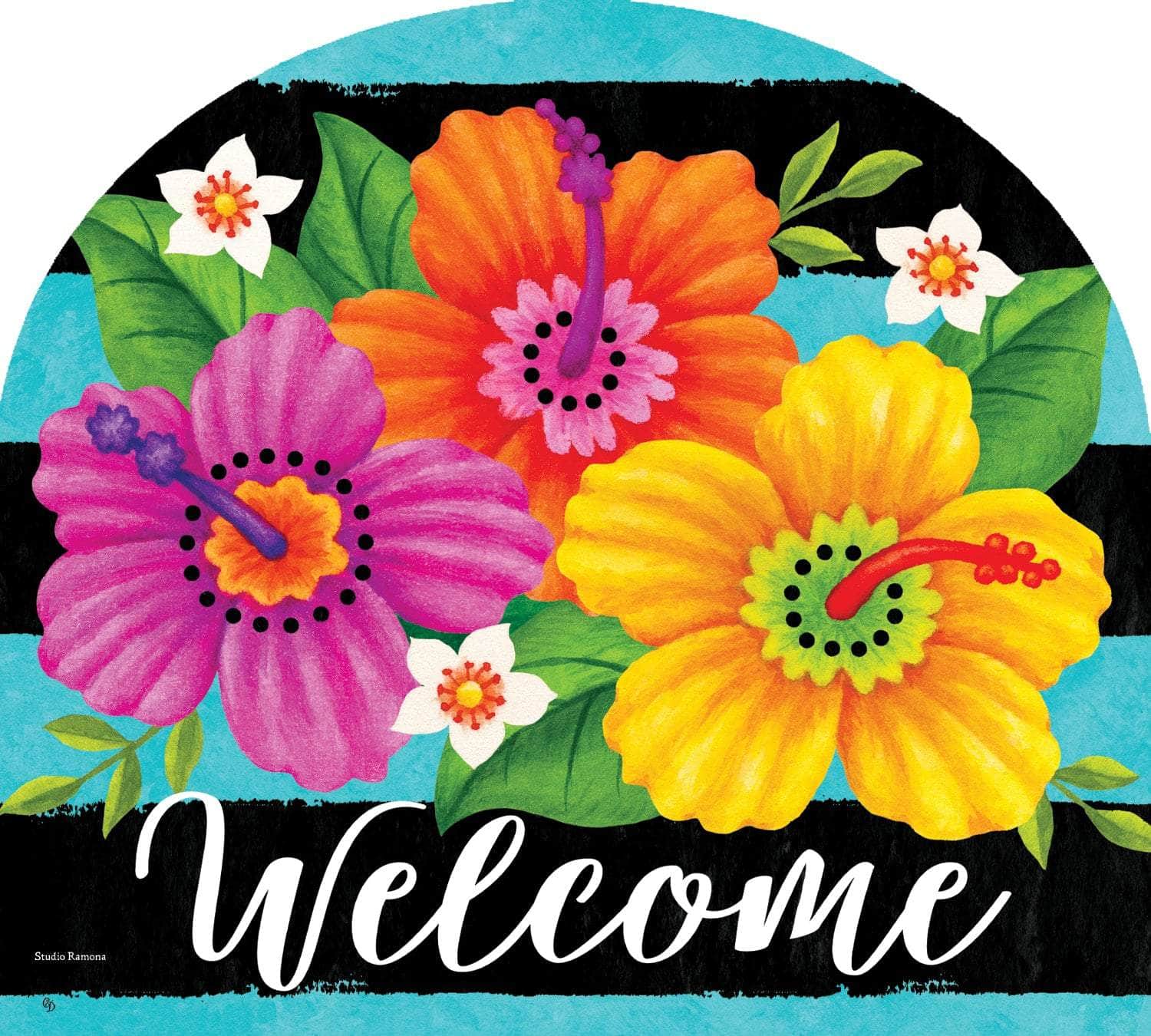 Hibiscus Stripe Arbor Mate panel featuring vibrant hibiscus flowers and bold stripes, crafted from durable PVC to bring tropical elegance and color to your garden or outdoor space.