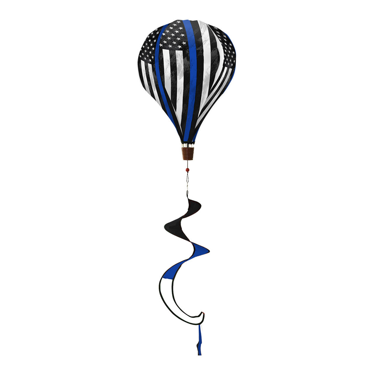Hot air balloon spinner with patriotic tribute, stars and shield design, and swirling tail for outdoor décor that honors those who protect and serve.