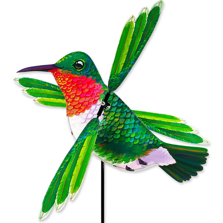Hummingbird WhirliGig with ruby throat and green wings spins quietly in light wind with durable SunTex fabric and easy ground stake install.