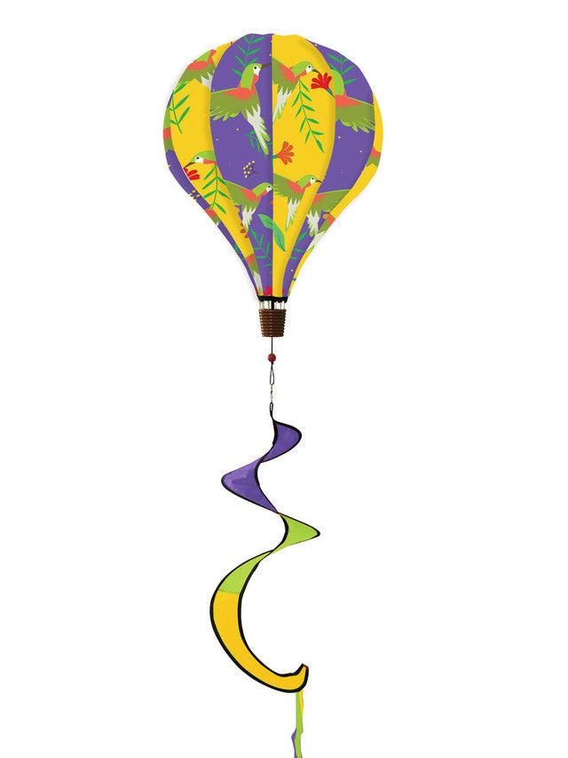 Hot air balloon spinner with hummingbirds and flowers, durable polyester design, and graceful spinning tail for vibrant nature-inspired outdoor décor.