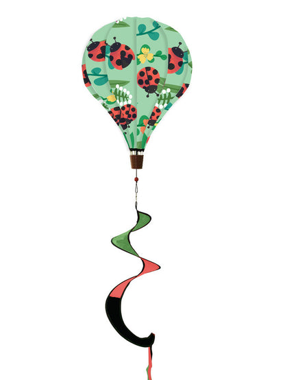 Hot air balloon spinner with bright red ladybugs and florals, made of weather-resistant polyester for fun, breezy spring and summer garden décor.