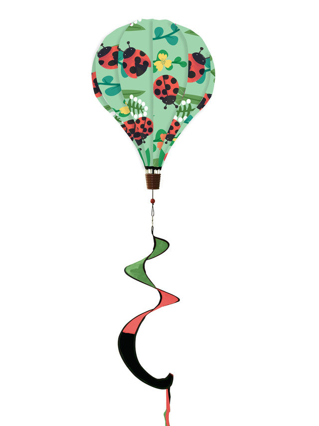 Hot air balloon spinner with bright red ladybugs and florals, made of weather-resistant polyester for fun, breezy spring and summer garden décor.