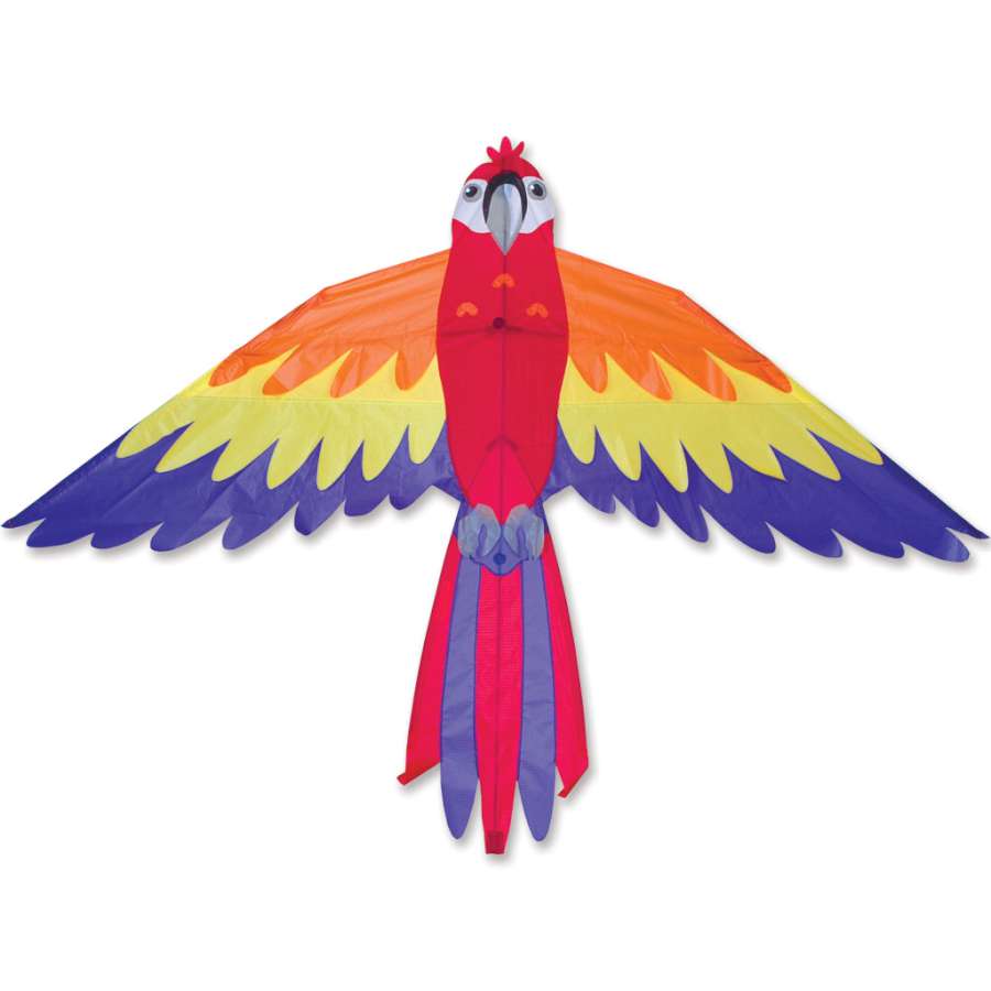 70 inch Macaw bird kite with vibrant tropical wings, ripstop polyester sail, fiberglass frame, and 300 ft. line. Includes vinyl case with color header.