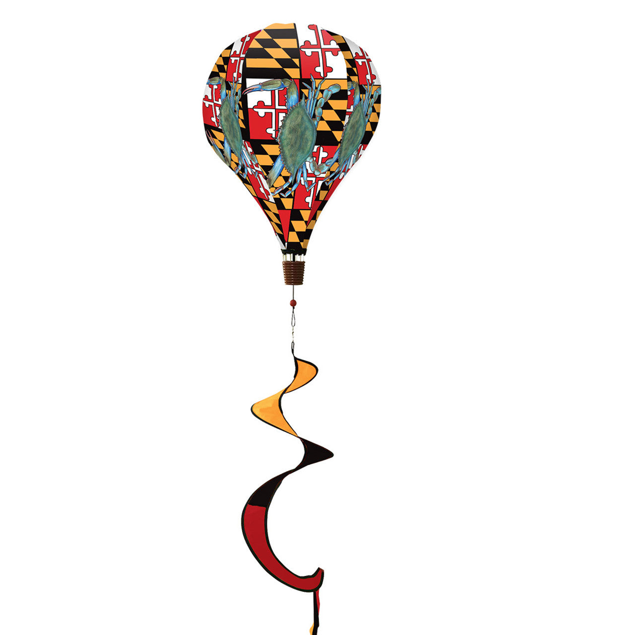 Hot air balloon spinner with bright red Maryland crabs and beachy tones, made of weather-resistant polyester for vibrant, breezy coastal summer décor.