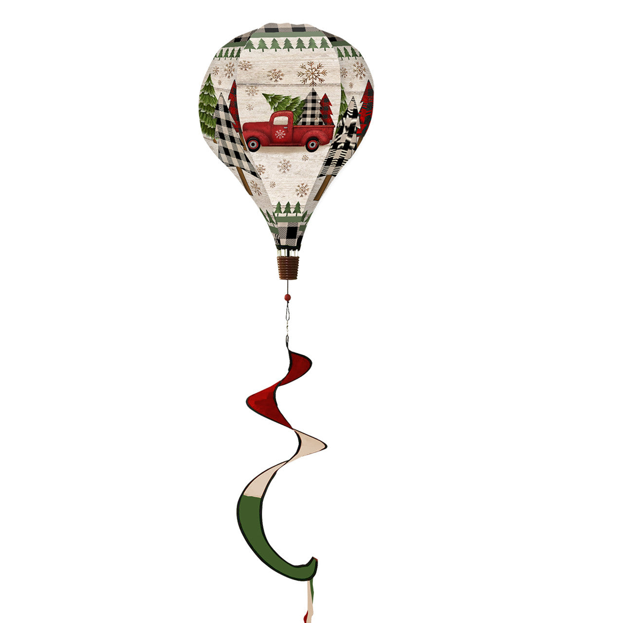 Hot air balloon spinner with red vintage Christmas truck, tree, and gifts, made of weather-resistant polyester for festive outdoor holiday garden décor.