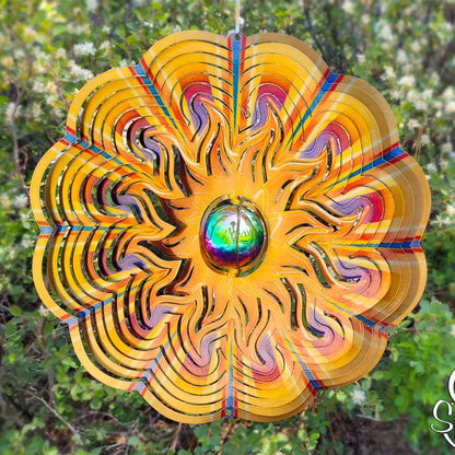 12" Gazing Sun Wind Spinner with a stainless steel gazing ball, powder-coated stainless steel, and dynamic motion for radiant outdoor décor.