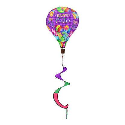 Hot air balloon spinner with pastel Easter eggs, weather-resistant polyester, and breezy motion for festive spring and Easter outdoor garden décor.