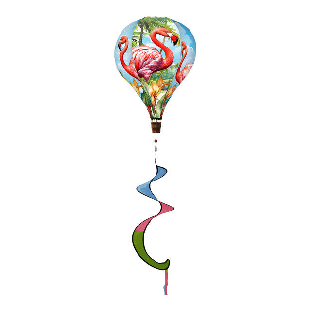Tropical hot air balloon spinner with pink flamingos, vibrant coastal design, and breezy tail for playful and elegant outdoor summer decoration.