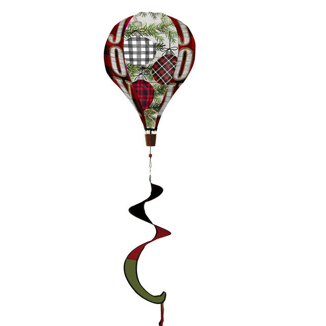 Hot air balloon spinner with festive patterned ornaments, crafted from weather-resistant polyester for elegant, breezy holiday garden or porch decoration.