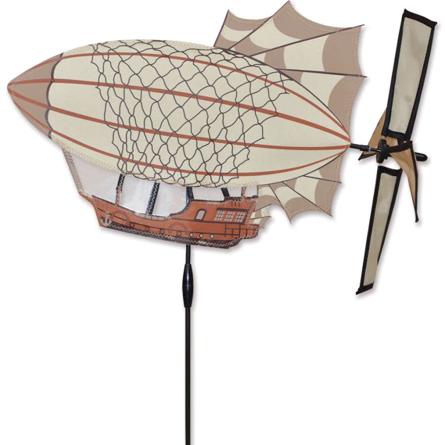 Petite dirigible spinner with 12.5 in. propeller, 18 in. width, and colorful airship design. Durable polyester with smooth spin action for garden display.