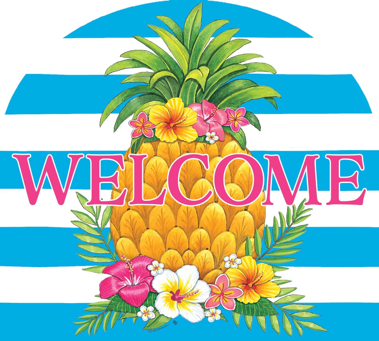 Pineapple Stripes-Arbor Mate panel featuring a golden pineapple on a striped background, crafted from durable PVC to bring tropical elegance to your outdoor decor.